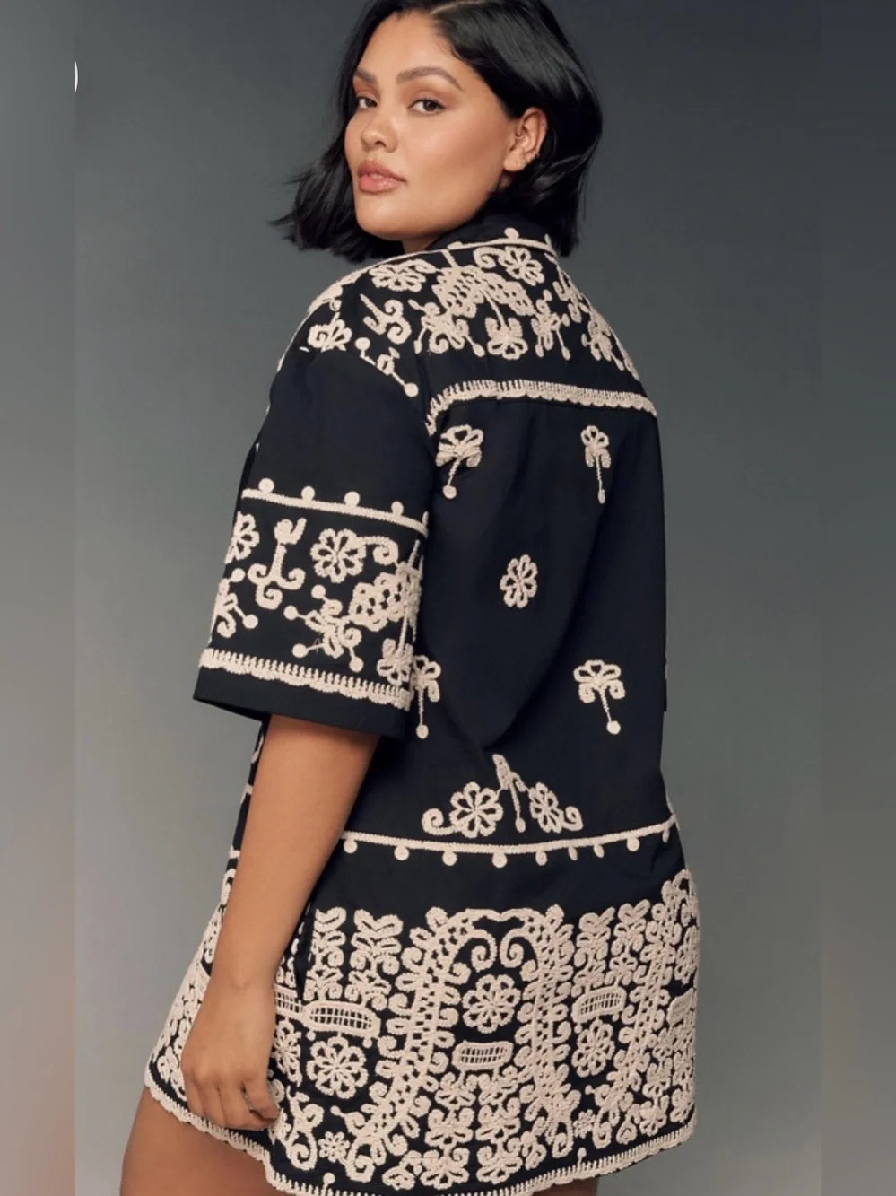 Anthropologie Maeve Black Mini Shirt Dress with Cream Embroidery - Picture 3 of 10